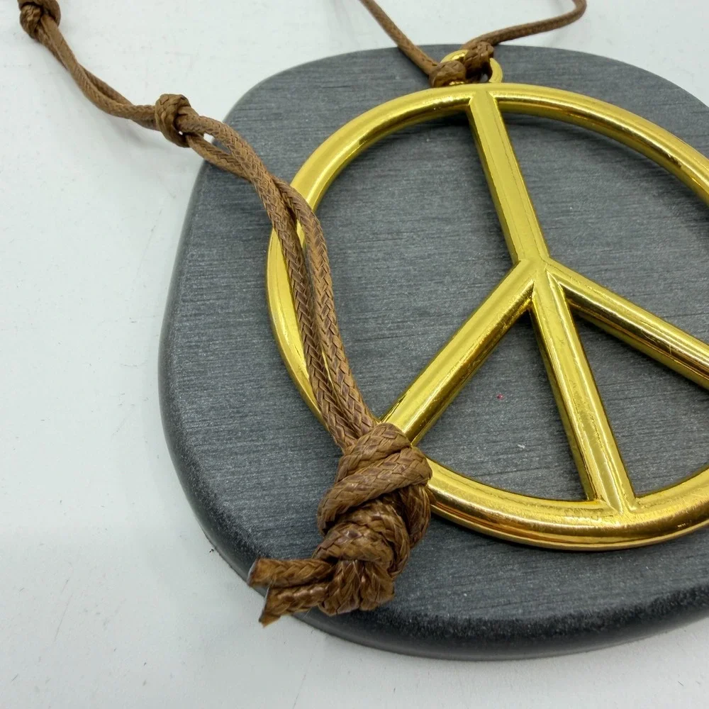 Gold Tone Peace Sign Pendant Necklace Brown Cord Boho Hippie Statement Gift